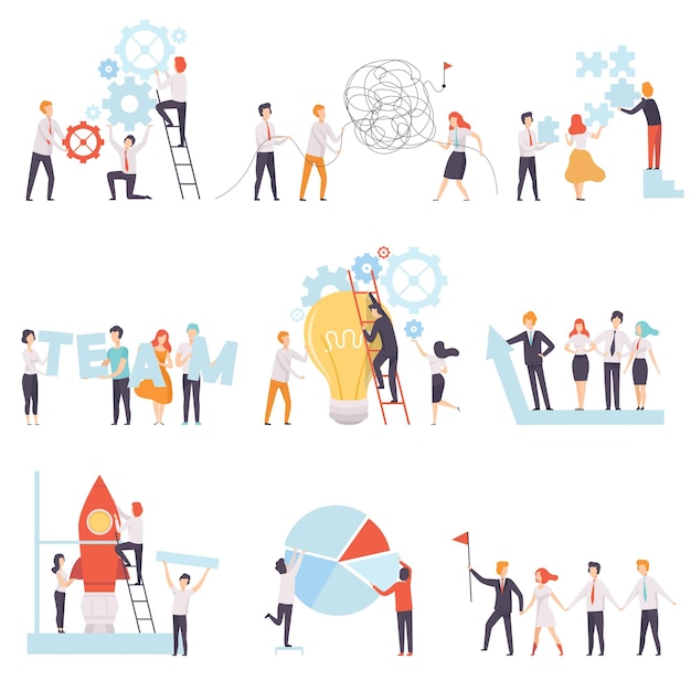 office colleagues working together set business team teamwork cooperation partnership vector illustration on white background