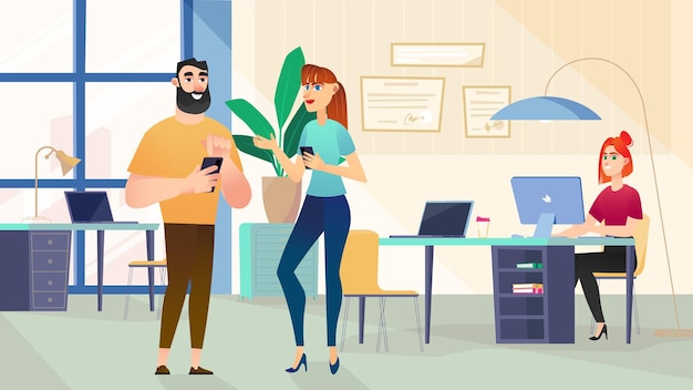 Vector office concept with people scene in the background cartoon style employee works