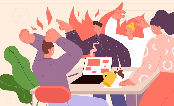 Vector office conflict concept expressing feelings business quarrel stress on work negative people in flame discontent communication utter vector scene