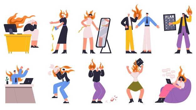 Office conflict, stress angry business people in chaos fire.\
negative emotions, stress and deadlines vector illustration set.\
angry office people in fire flames. office business angry stressful\
action
