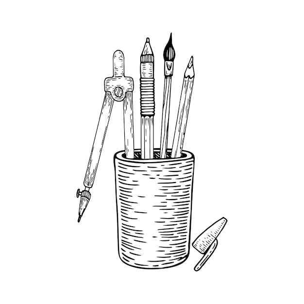 Vector office cup met pen en potloodschets briefpapier lijntekeningen hand getrokken doodle vectorillustratie
