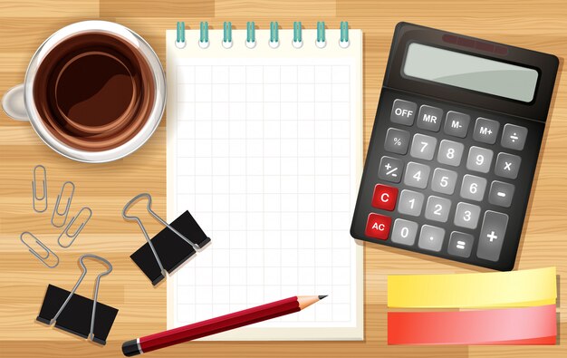 Office desk close up with notebook and calculator and coffee cup cartoon style