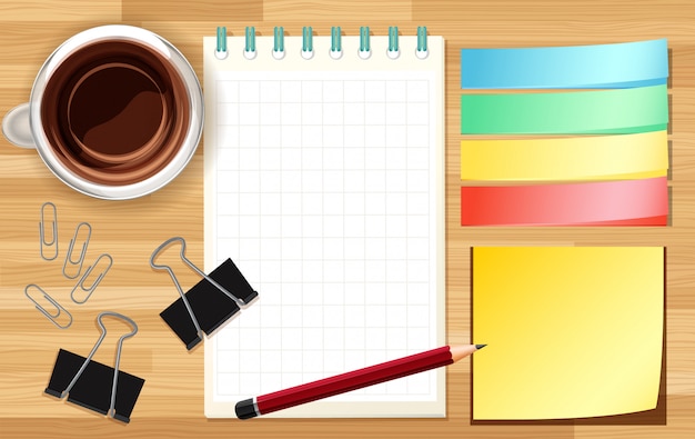 office desk close up with notebook and calculator and coffee cup cartoon style