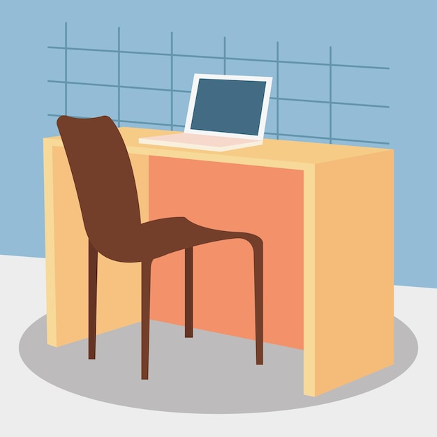 Vector office desk illustration with laptop computer and chair