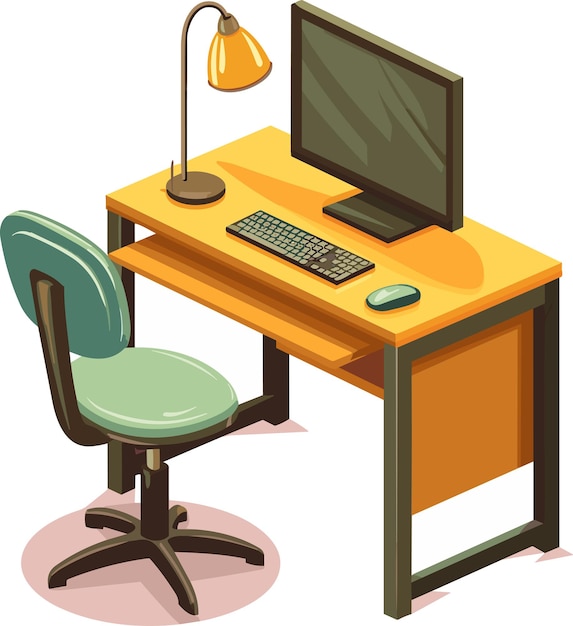 Vector office desk with computer and lamp modern business workplace home workspace table vector illustration