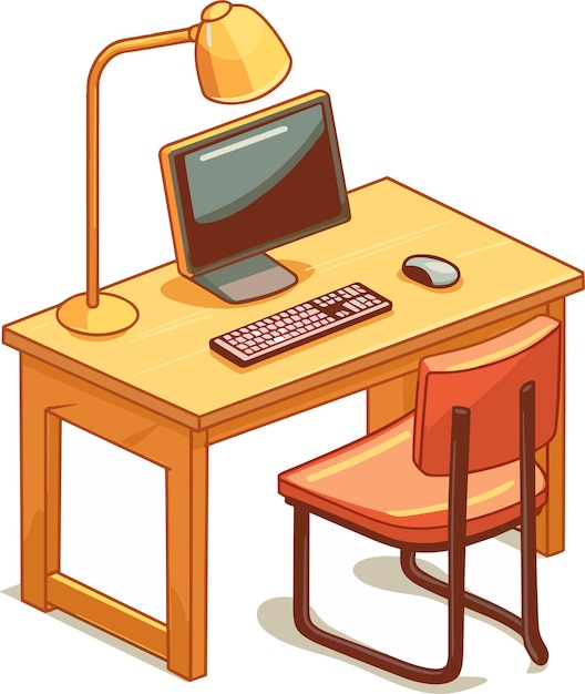 Vector office desk with computer and lamp modern business workplace home workspace table vector illustration