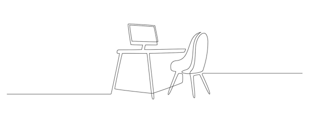 Scrivania da ufficio con scrivania e sedia in un disegno a linea continua mobili eleganti per l'interno della stanza dell'home office in semplice stile lineare tratto modificabile doodle illustrazione vettoriale