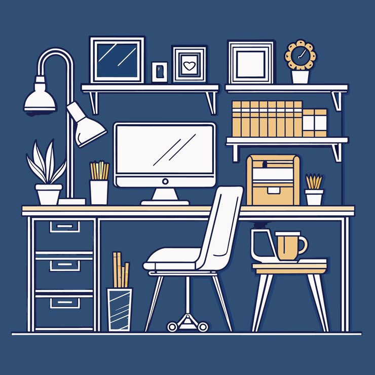 Vector office desk with desktop and chair in one continuous line drawing