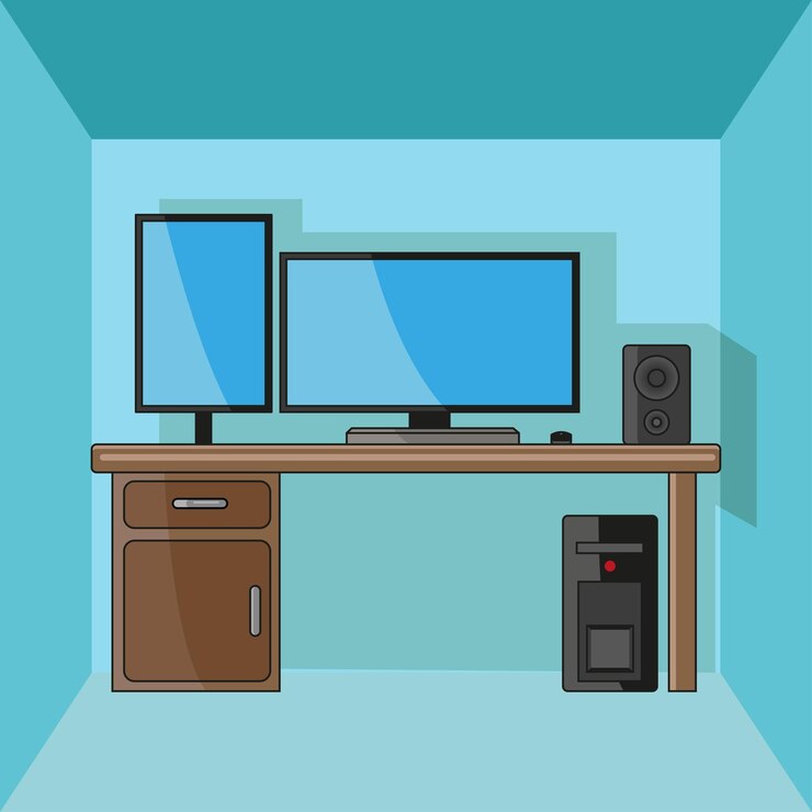 Vector office desk with flat vector illustration