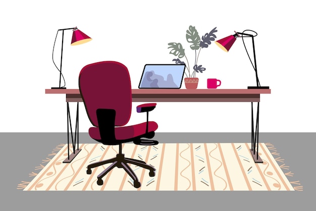 Office desk with laptop lamp coffee and indoor plant Modern business workplace Home workspace tableVector illustration flat style Eps 10