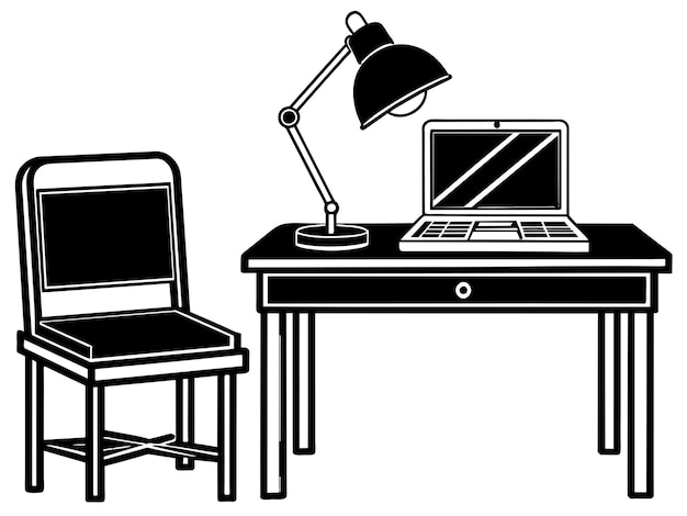 офисный стол с ноутбуком и лампой