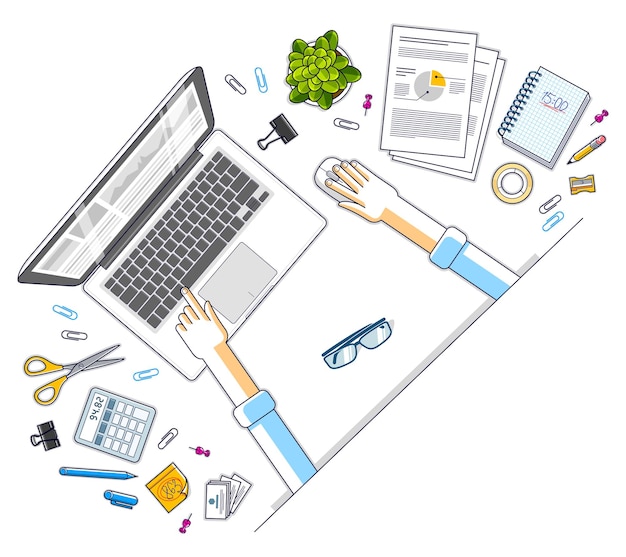 Vector office desk workspace top view with hands of office employee or entrepreneur, laptop computer and diverse stationery objects for work. all elements are easy to use separately. vector illustration.