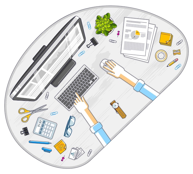 Vector office desk workspace top view with hands of office employee or entrepreneur, pc computer and diverse stationery objects for work. all elements are easy to use separately. vector illustration.