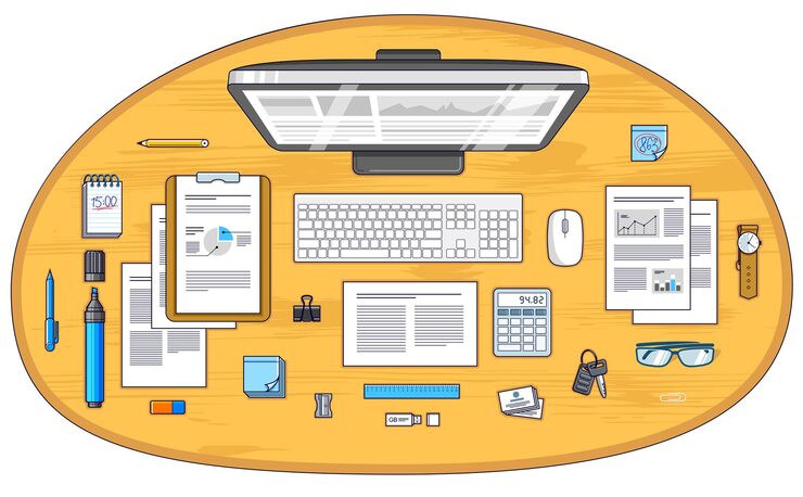 Vector office desk workspace top view with pc computer and analytics papers with graphs and data and stationery objects on table. all elements are easy to use separately or recompose illustration. vector.