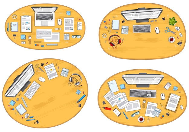 Vector office desks workspaces top view with pc and laptops  and diverse stationery objects for work, overhead look. all elements are easy to use separately or recompose the illustrations. vector set.