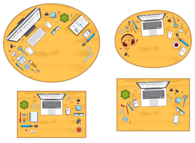 Vector office desks workspaces top view with pc and laptops  and diverse stationery objects for work, overhead look. all elements are easy to use separately or recompose the illustrations. vector set.