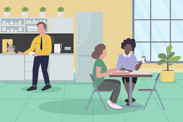office dinner break flat illustration. colleagues eat lunch together.