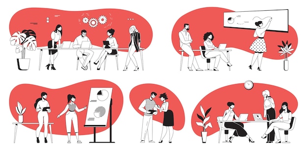 Office discussions. Business presentation and negotiation on project with cartoon office workers. Vector deadline discussion and co-working set, management technology active leadership concept