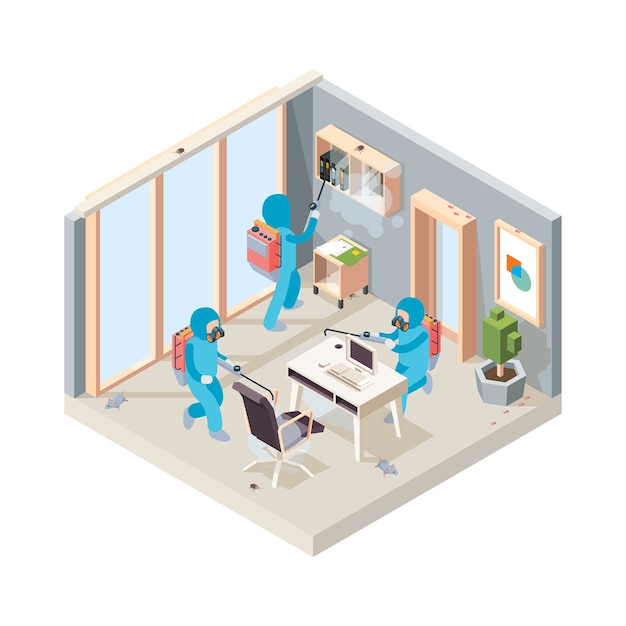 Office disinfection. Pest poison cleaning service working in room insects controlling isometric concept. Illustration disinfection room office, professional working controlling and prevention