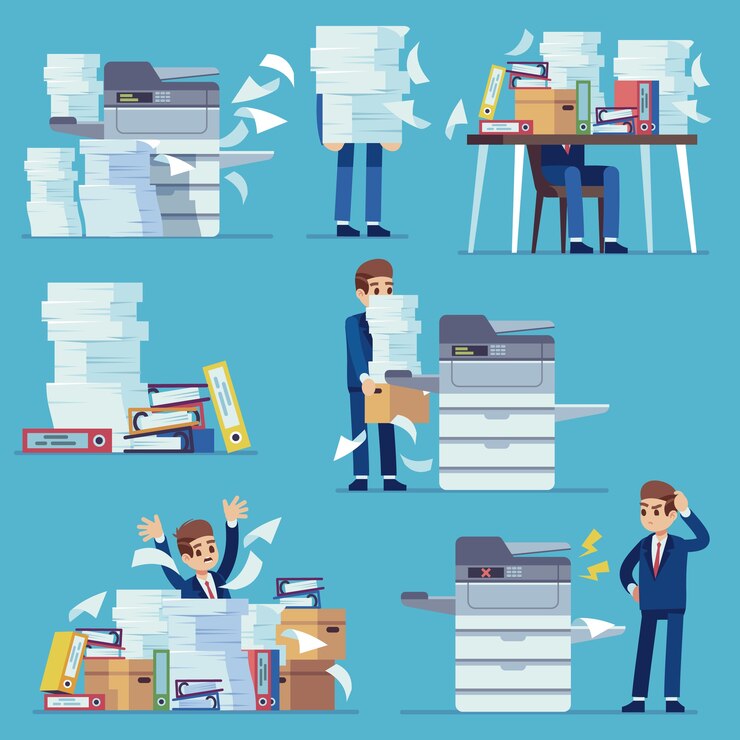 Vector office documents copier. printer printing office papers, man with broken photocopier.