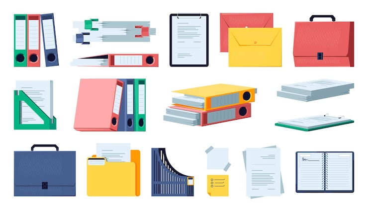 Vector office documents and folders workstation with stationary and school folder notebook binder