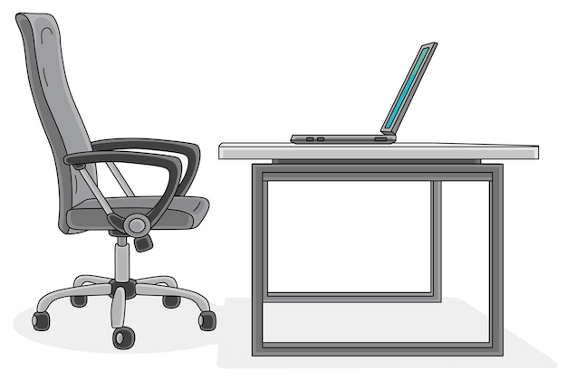 ベクトル オフィスの安楽椅子とオープンラップトップを備えたスタイリッシュなデザインのデスク