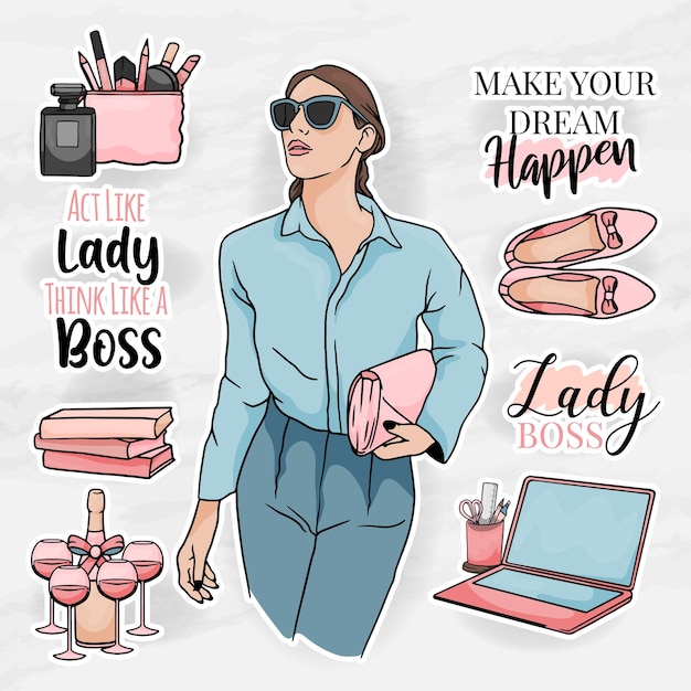 Vector office element clip art set with a elegant lady boss modern sticker elements