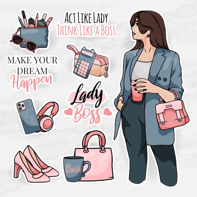 Vector office element clip art set with a women lady boss modern sticker elements