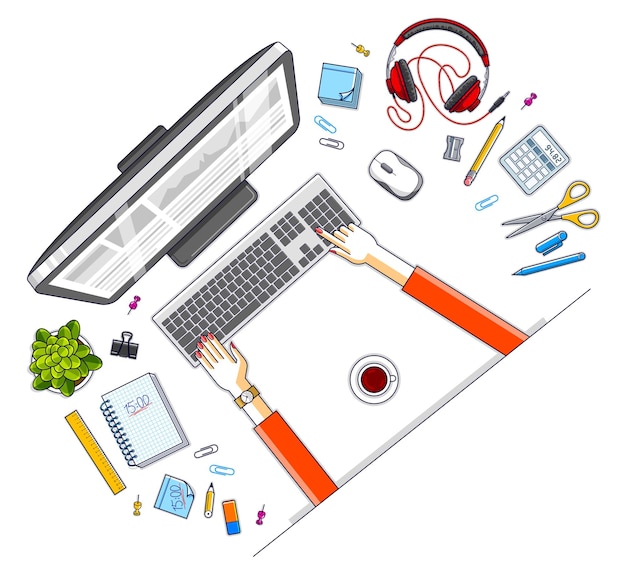 Office employee or entrepreneur work desk workplace with hands and PC computer and diverse stationery objects for work, top view. All elements are easy to use separately. Vector illustration.