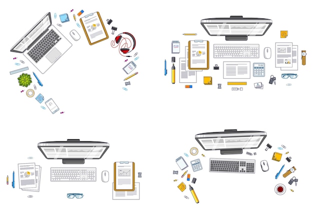 Office employee or entrepreneur work desks workplaces with PC and laptops and diverse stationery objects for work and analytics papers, top view. All elements are easy to use separately. Vector set.