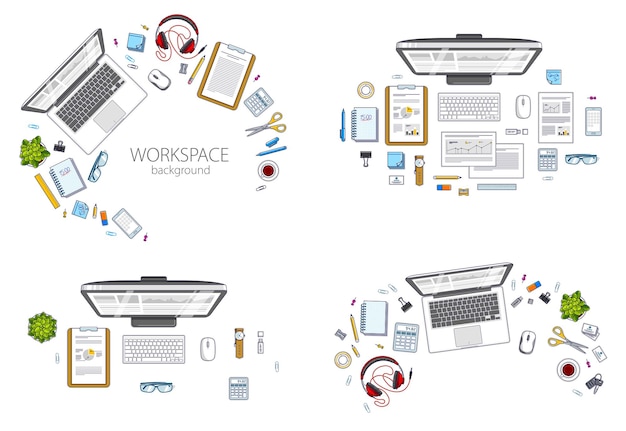 Vector office employee or entrepreneur work desks workplaces with pc and laptops and diverse stationery objects for work and analytics papers, top view. all elements are easy to use separately. vector set.