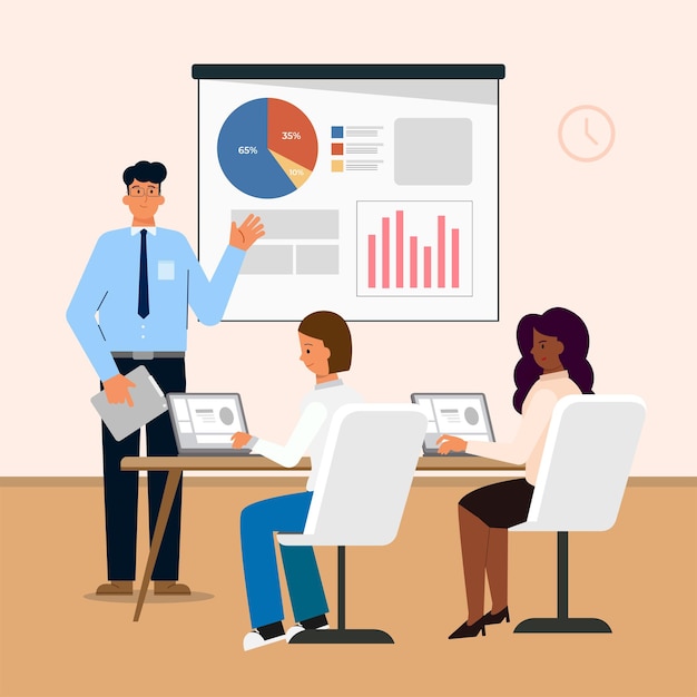 office employee giving presentation business meeting illustration