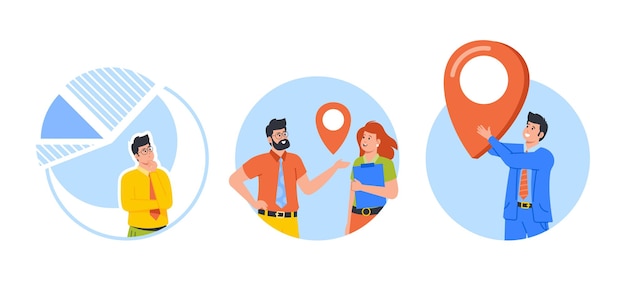 office employees communicate discuss marketing strategy or project isolated round icons avatars brainstorm teamwork