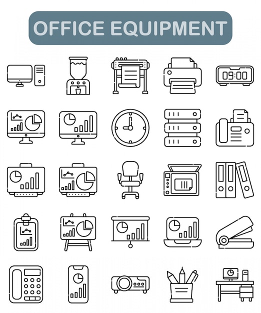 Office equipment icons set in outline style