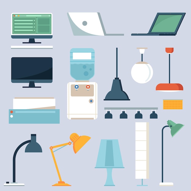 Office equipment lighting and electronics set Workplace elements and icons in flat design