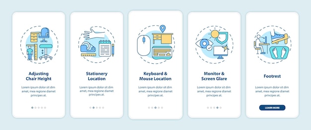 개념이있는 모바일 앱 페이지 화면을 온 보딩하는 사무실 인체 공학 팁