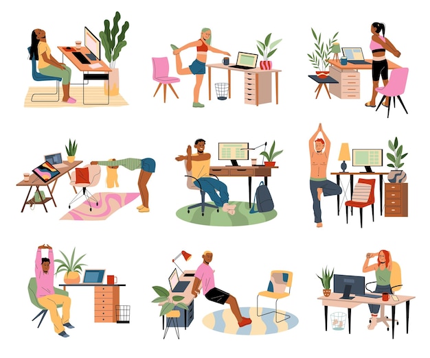 Office exercises Workplace stretching employee kneads muscles healthy corporate warmup happy freelancers do sports fitness and relaxing active lifestyle tidy vector cartoon flat set