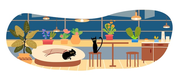 Офисные помещения и дизайн изолированные мультфильмы векторные иллюстрации набор смешные черные кошки в комнате игры