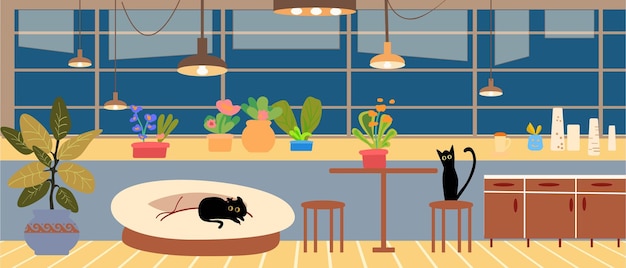 Office facilities and design isolated cartoon vector illustrations set Funny black cats in room play