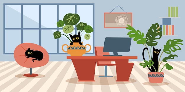 Office facilities with wooden floors and design isolated cartoon vector illustrations set
