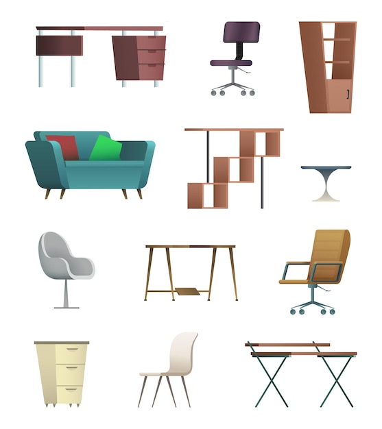 Vector office furniture and objects cartoon flat collection tables and chairs