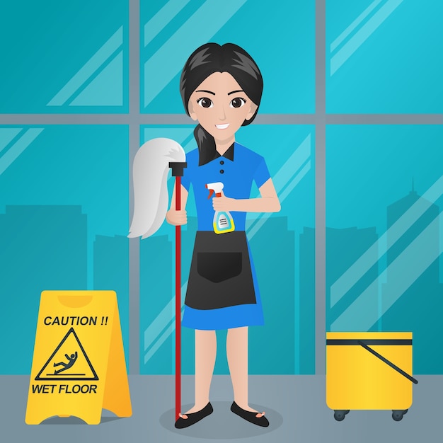 Vector office girl holding mop and spray/ sprayer