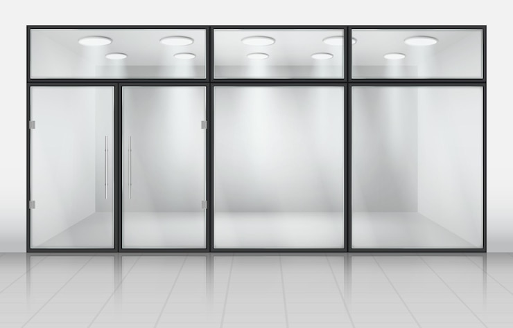 Vector office glass doors store windows front wall vitrine of commercial shop shopfront space display for retail 3d room interior boutique forepart vector realistic neoteric background