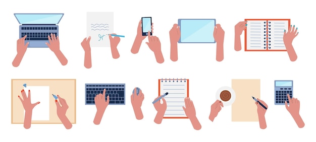 office hands top view hand writing diary notebook and work on computer software developer application form or paper write decent vector set