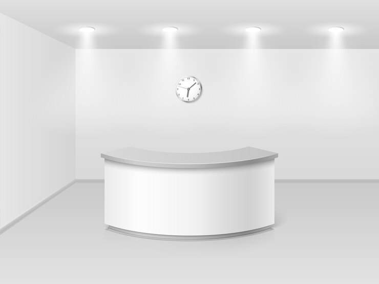 Vector office or hotel interior with reception counter desk 3d vector illustration