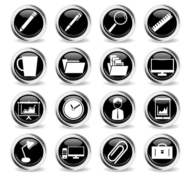 Office icons on round black buttons with metal ring