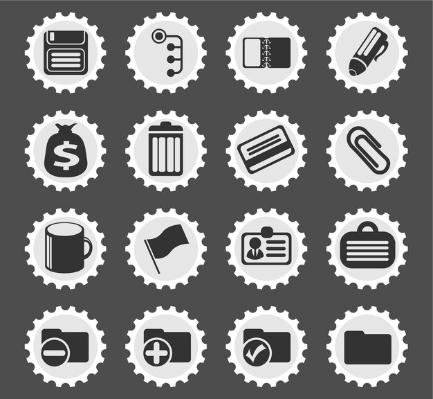 Office icons on stylized round postage stamps