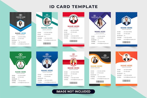 추상적 인 모양과 사진 자리 표시자가있는 사무실 ID 카드 세트 디자인 회사 ID를위한 다채로운 회사 ID 카드 템플릿 컬렉션 비즈니스를위한 Printready ID 카드 번들