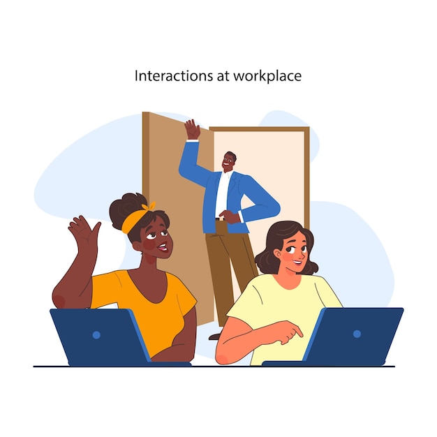 Vector office interactions set team communication scenes work process