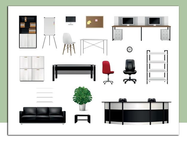 Vector office interior elements realistic icon set